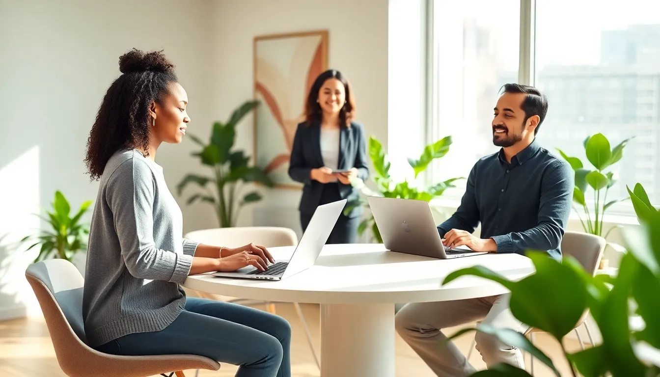 diverse professionals practicing mindfulness in a modern office.