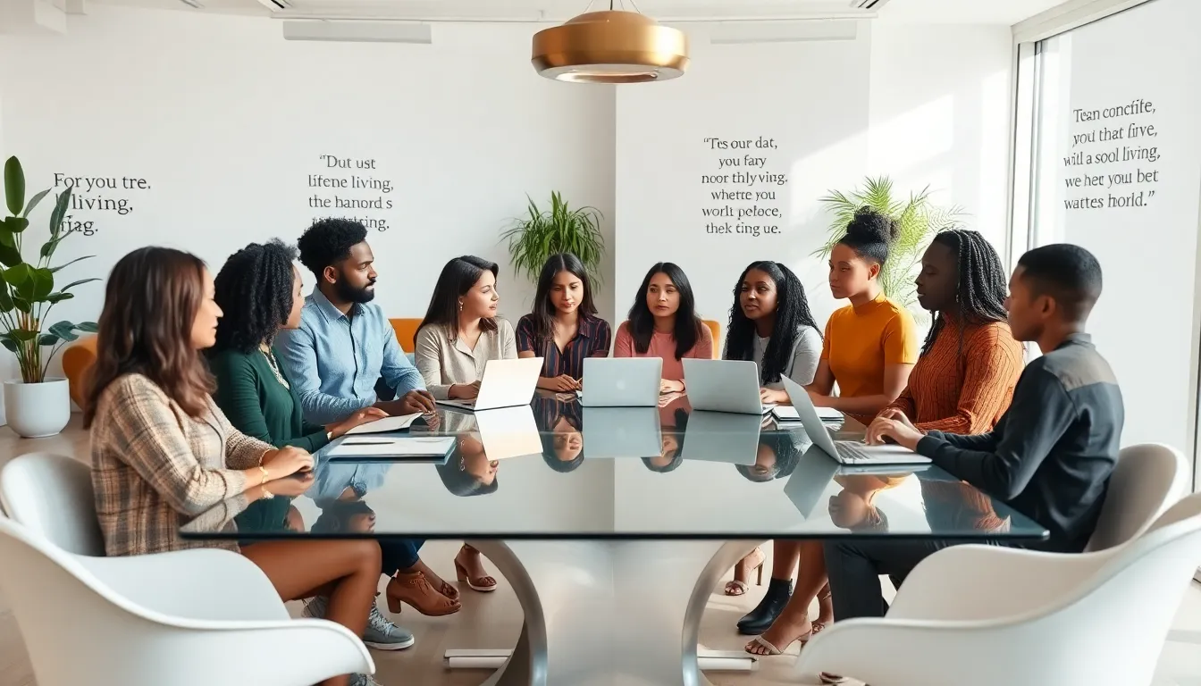 diverse group discussing quotes about living in a modern office.