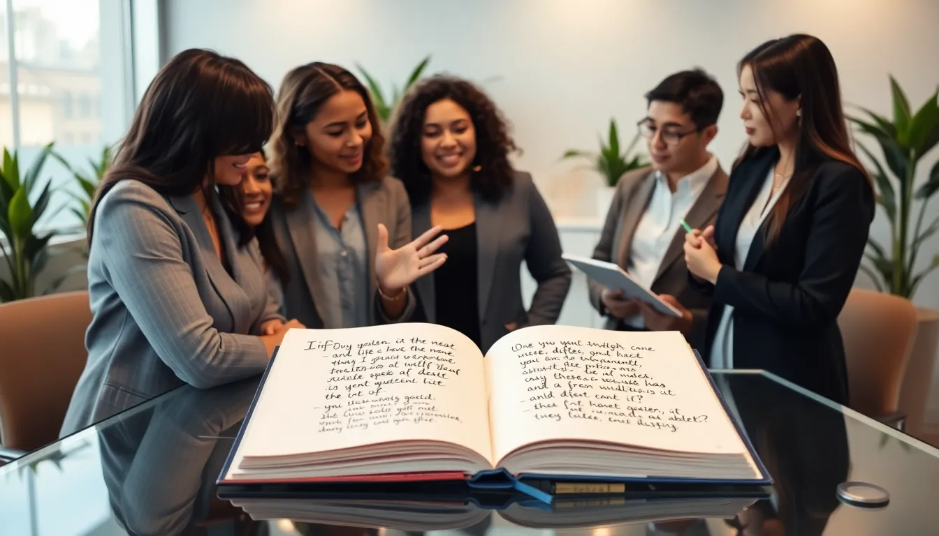 diverse professionals discussing profound quotes in a modern office.