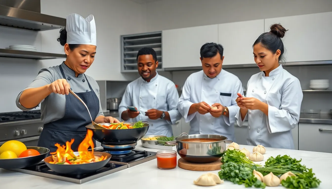 diverse chefs in a modern kitchen practicing Chinese cooking techniques.