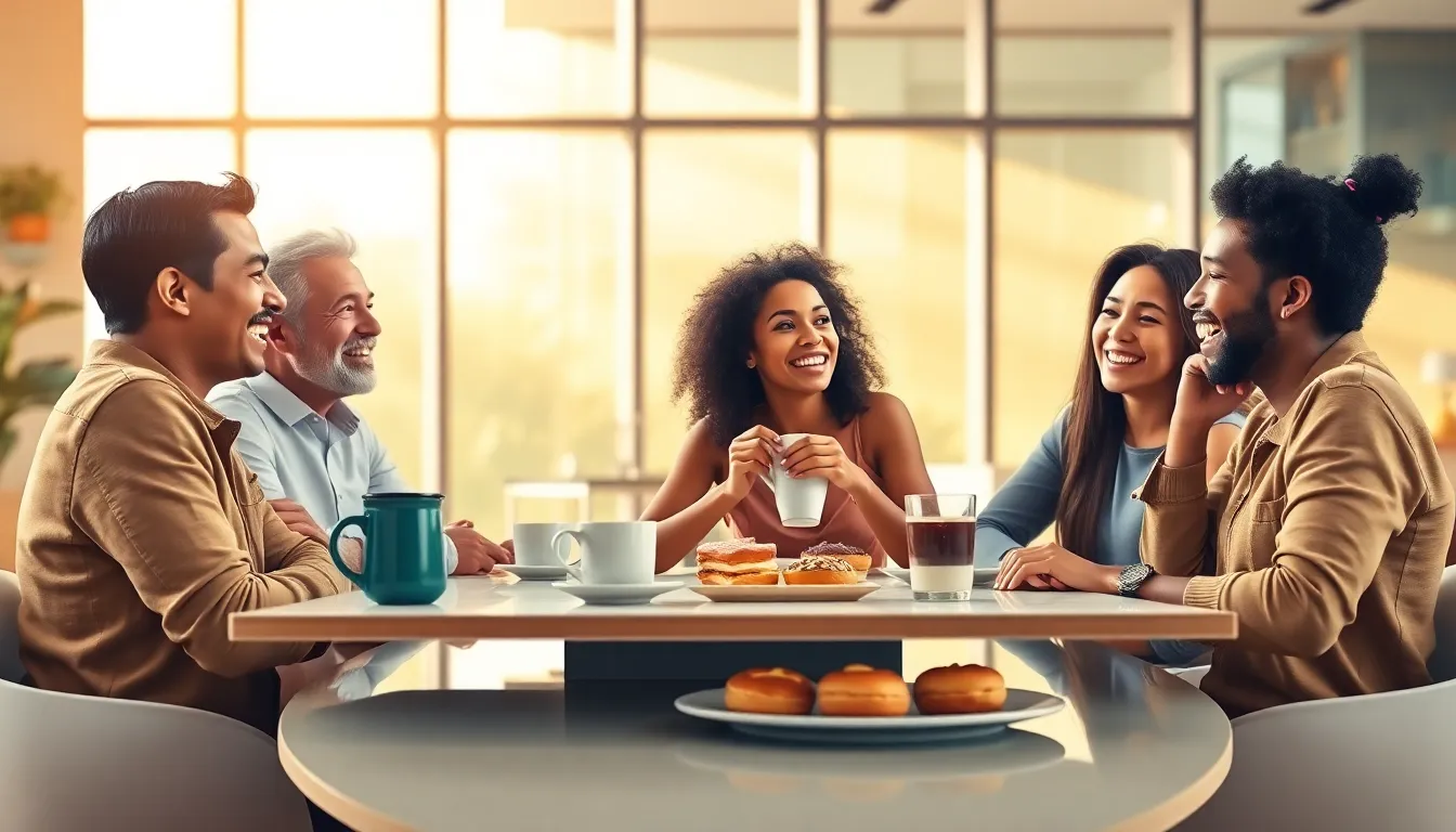 friends enjoying coffee together in a lively café setting.