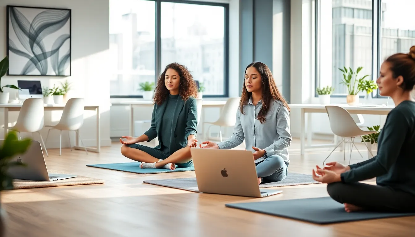 professionals practicing mindfulness in a modern office.