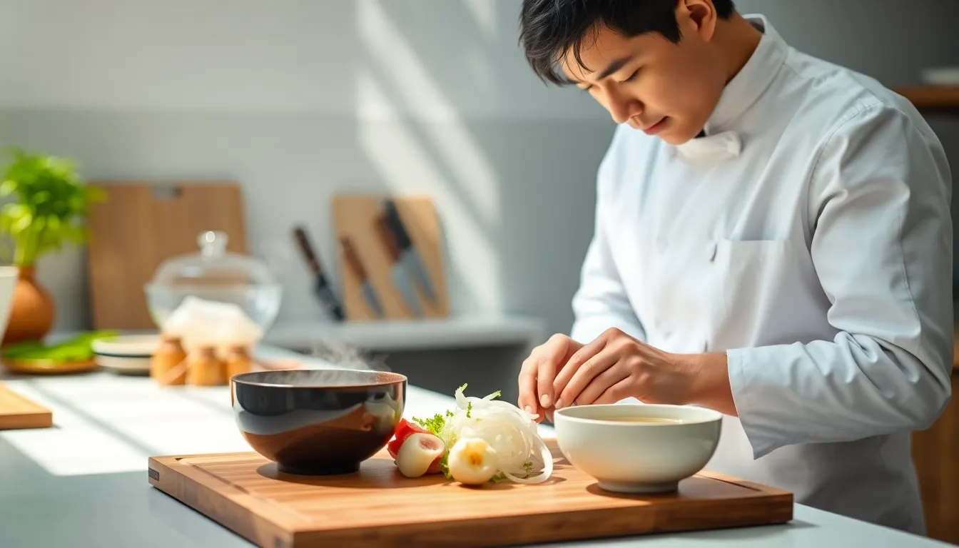 chef preparing a beautifully presented Japanese dish in a modern kitchen.