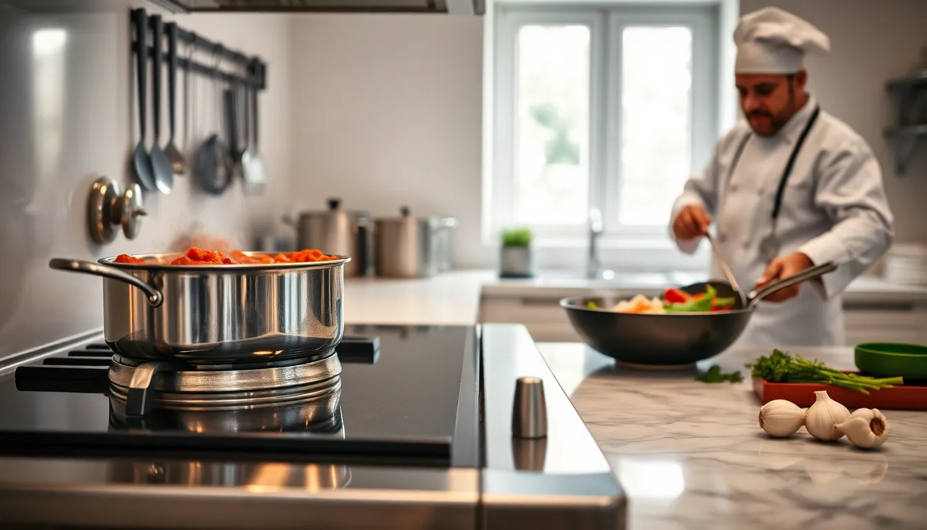 chef sautéing vegetables and simmering ragu in a modern kitchen.