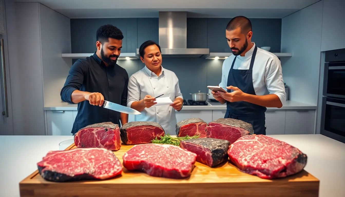 professionals discussing various cuts of steak in a modern kitchen.