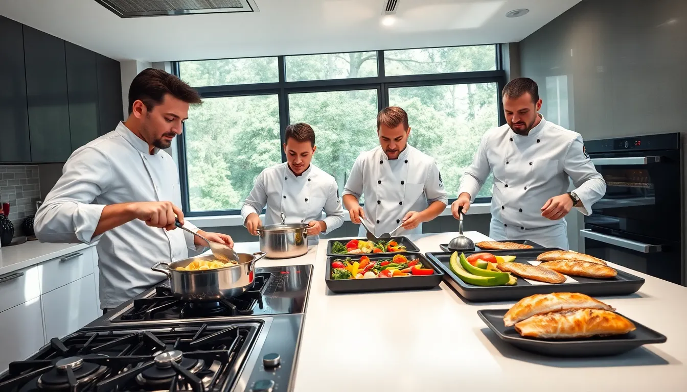 diverse chefs demonstrating various cooking techniques in a modern kitchen.