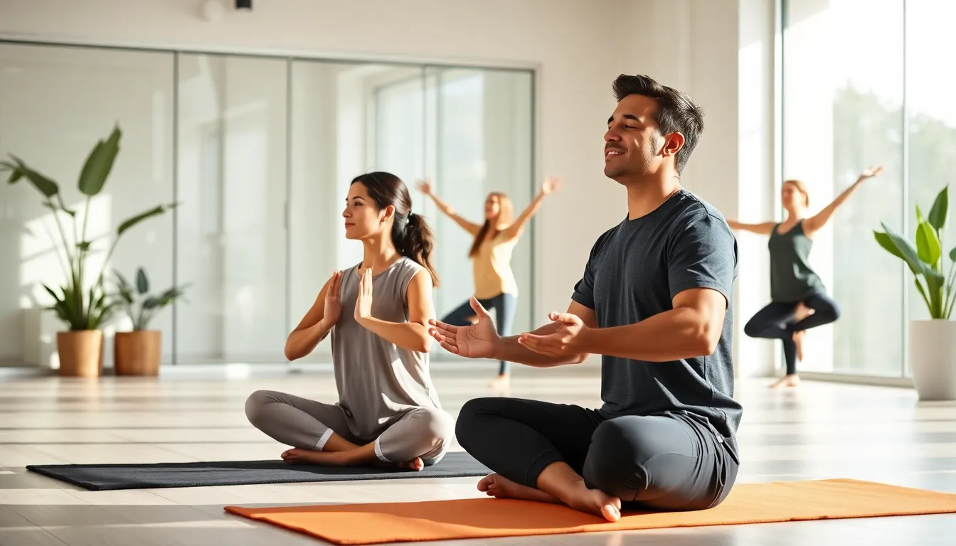 diverse group practicing wellness exercises in a modern studio.