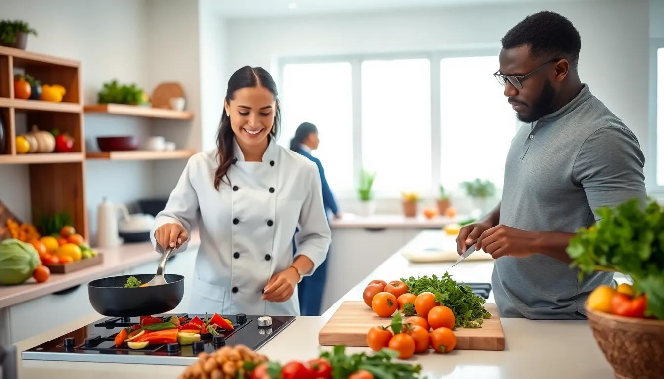 diverse team cooking healthy meals in a modern kitchen.