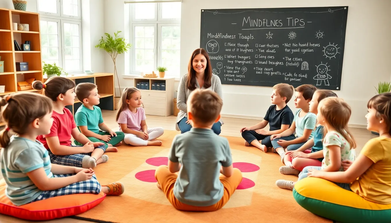 children participating in mindfulness games in a colorful classroom.
